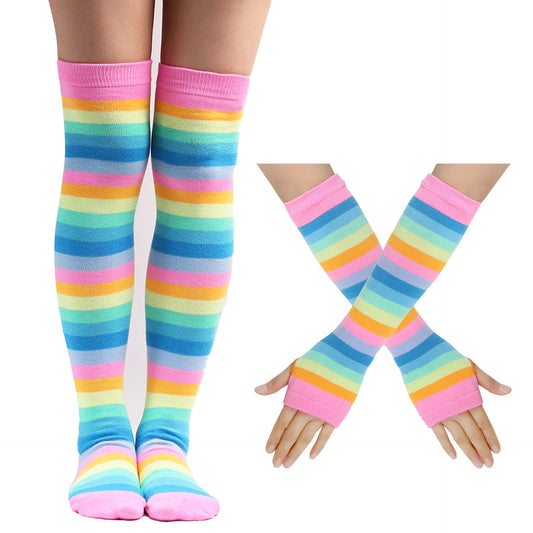 Rainbow Gloves & Stockings Set in pink multi-color, perfect for DDLG, ABDL, kawaii, and cutecore fashion