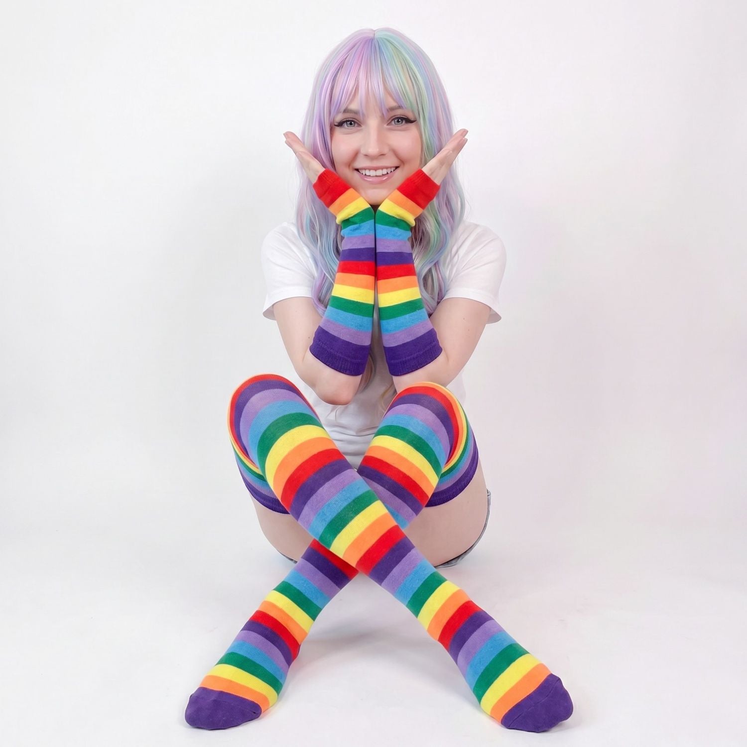 Rainbow Gloves & Stockings Set in purple multi-color, vibrant kawaii DDLG/ABDL accessory for layering
