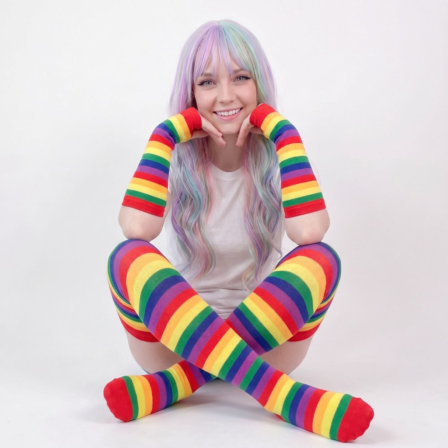 Rainbow Gloves & Stockings Set in red multi-color, playful DDLG/ABDL kawaii fashion for TikTok