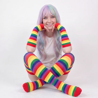 Rainbow Gloves & Stockings Set in red multi-color, playful DDLG/ABDL kawaii fashion for TikTok
