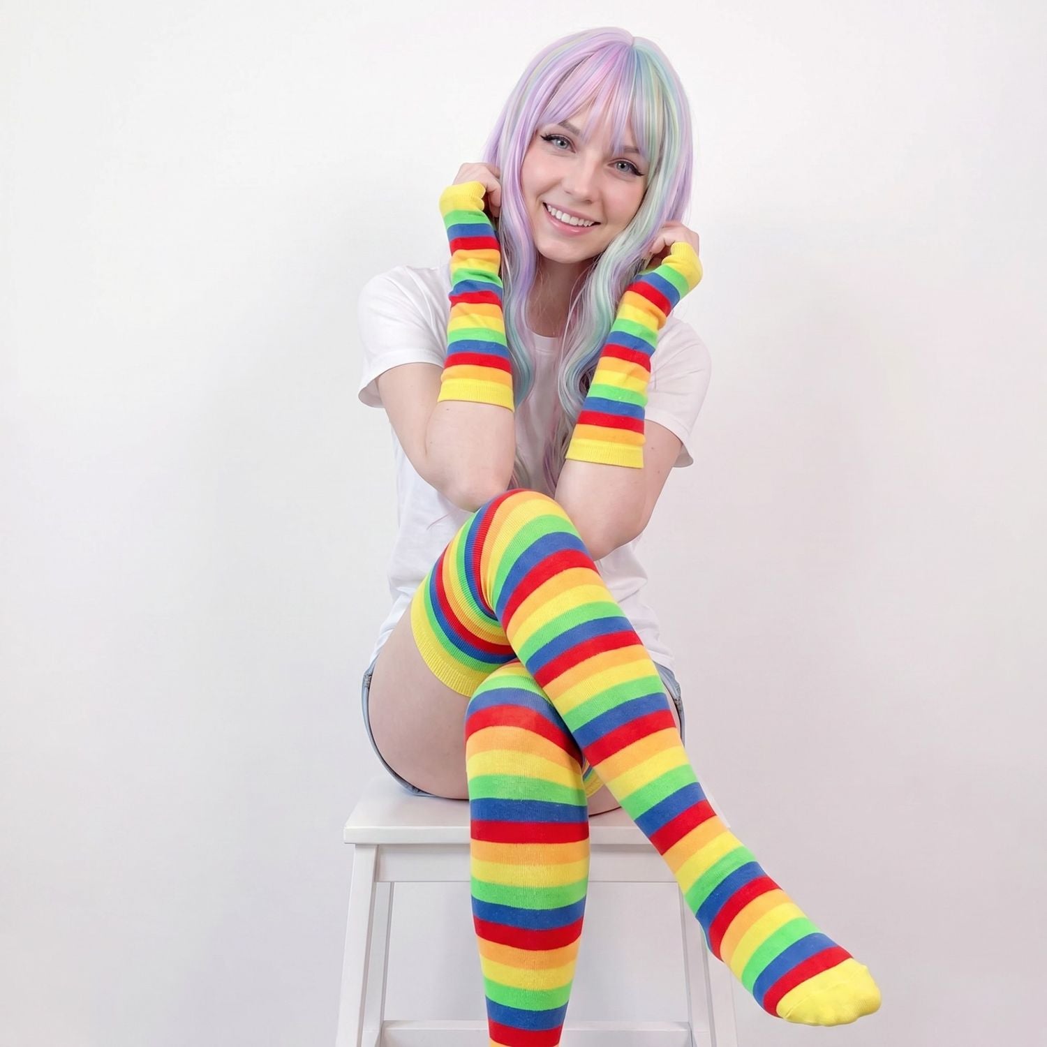 Rainbow Gloves & Stockings Set in yellow multi-color, perfect kawaii DDLG/ABDL matching set