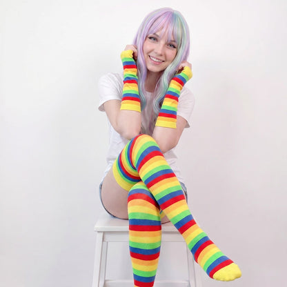 Rainbow Gloves & Stockings Set in yellow multi-color, perfect kawaii DDLG/ABDL matching set