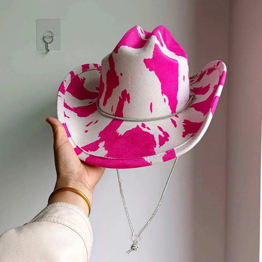 Rainbow Moo Cowgirl Hat in pink cowprint, kawaii cutecore DDLG babycore style, lace chin strap