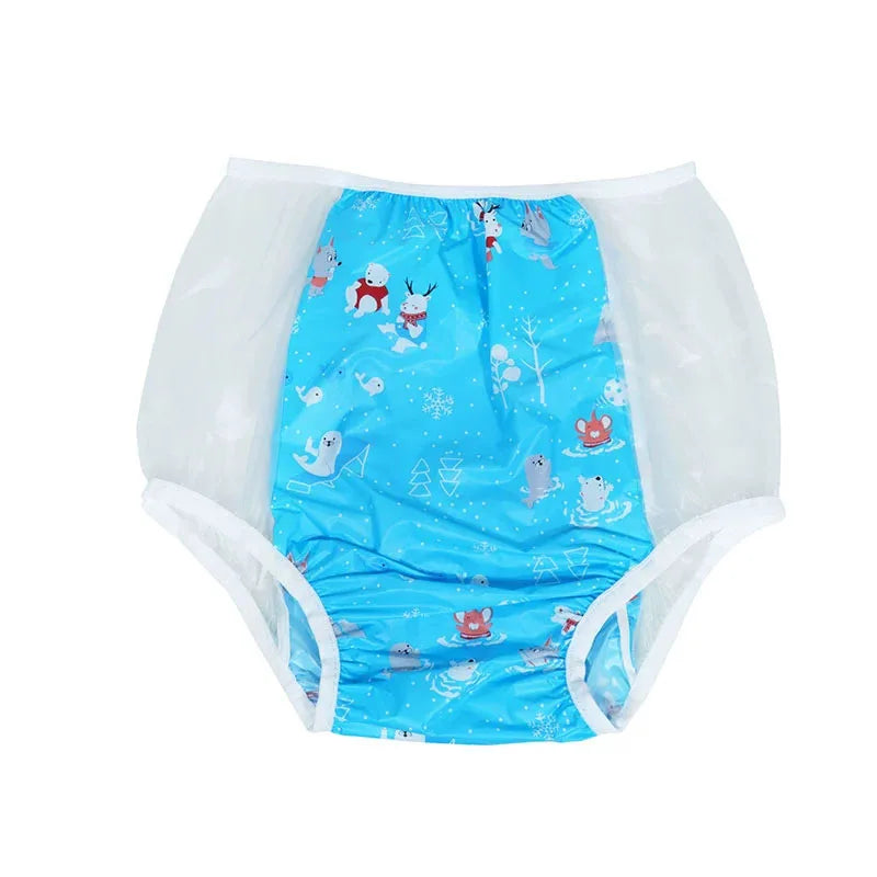 Rainbow Muse diaper cover featuring playful bunny cartoons