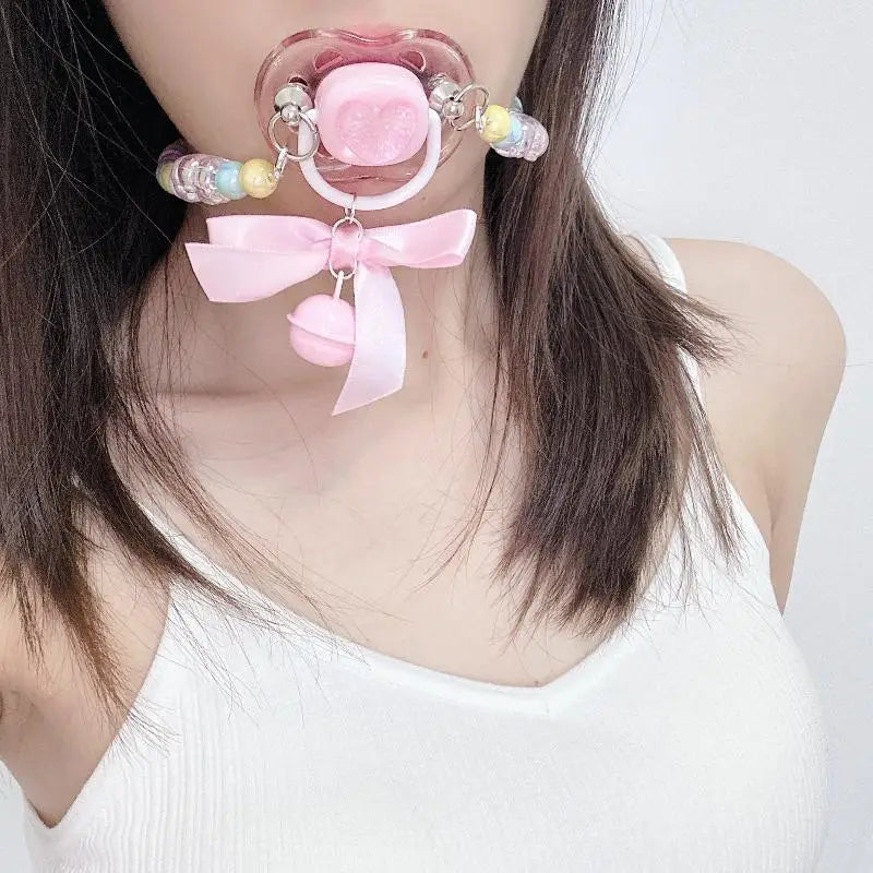 Rainbow pacifier with candy clip, whimsical bell ribbon, soft girl DDLG ABDL aesthetic