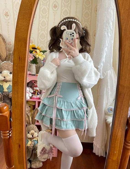 Rainbow pastel Lolita corset skirt with frilly layers and ribbon side laces for cutecore soft girl style