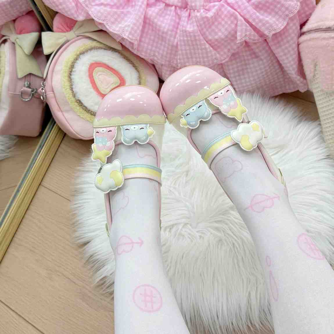 Rainbow pastel Teddy Lolita flats with cute teddy bears, soft kawaii cutecore vibes for DDLG outfits
