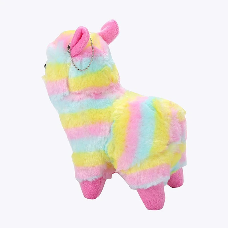 Rainbow puff alpaca mini plush keyring, colorful and soft with cute pastel design, great for kawaii gifts and little space fashion.