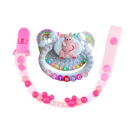 Rainbow rhino baby pacifier clip with 3D charm, pastel beads, and mini pearls for DDLG, ABDL, and kawaii babycore vibes