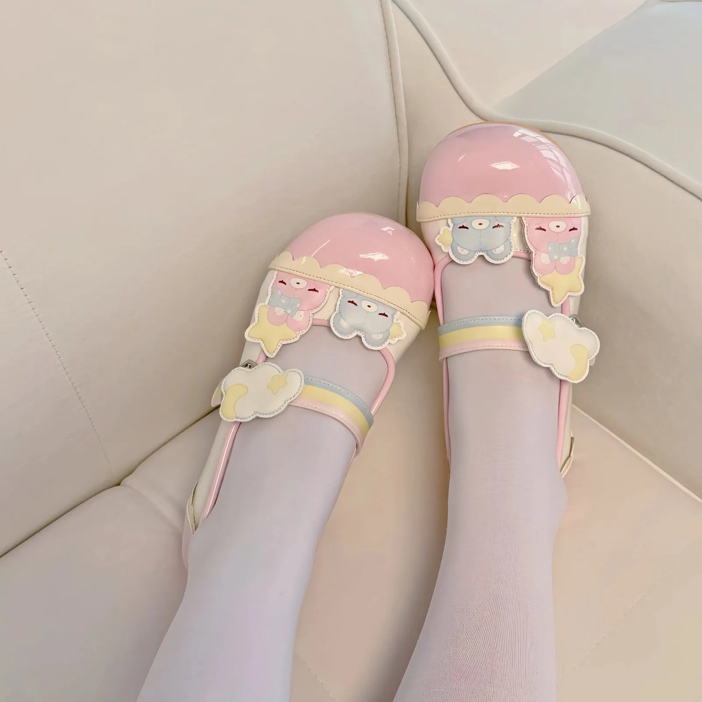 Rainbow pastel Teddy Lolita flats with adorable bears, clouds, stars, and playful kawaii fashion