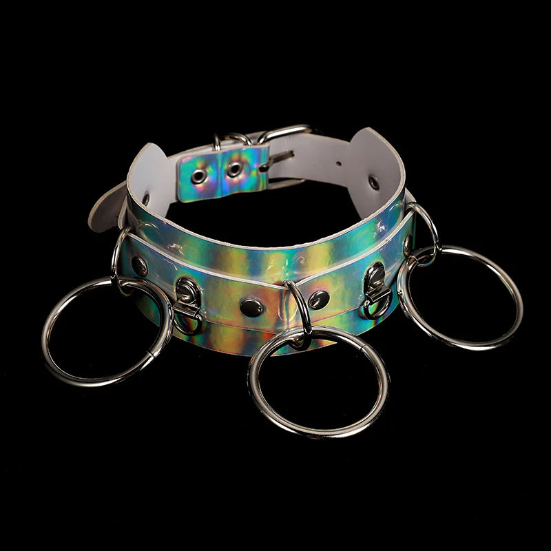 Back view showing adjustable collar strap, holographic finish, secure fit for playful roleplay