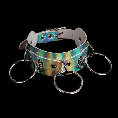 Back view showing adjustable collar strap, holographic finish, secure fit for playful roleplay