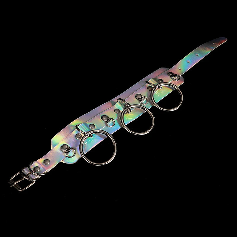 Close-up of holographic collar, reflective shine, bold and playful ddlg roleplay accessory