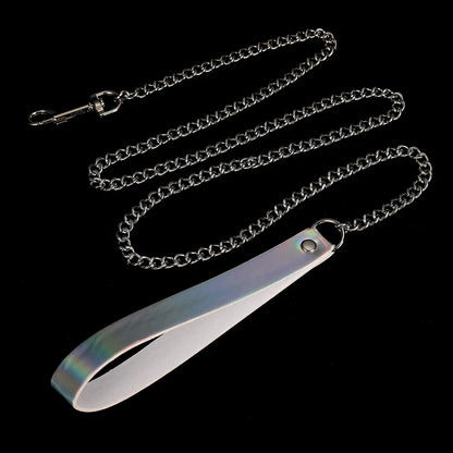 Close-up of matching holographic leash, sturdy and playful, perfect for roleplay & baddie vibes