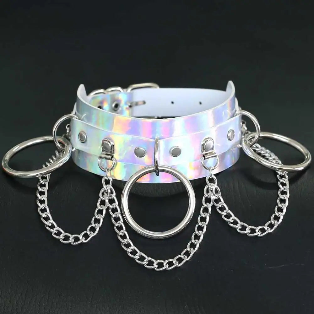Ready To Please Holographic Collar Set, pink holographic collar with silver leash, adjustable, flirty ddlg roleplay, kawaii & baddie vibes