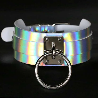 Styled for photoshoots or playroom, reflective holographic collar & leash, kawaii and edgy vibes