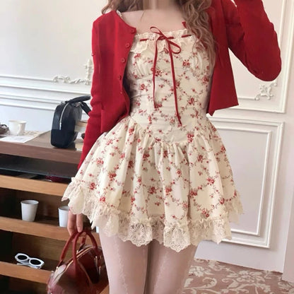Red Blossom Date Dress Set with floral dress and cozy mini cardigan, perfect for picnics and casual dates