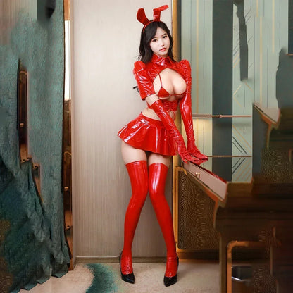 red patent leather bunny girl lingerie set with lace details and adjustable fit for ddlg abdl play