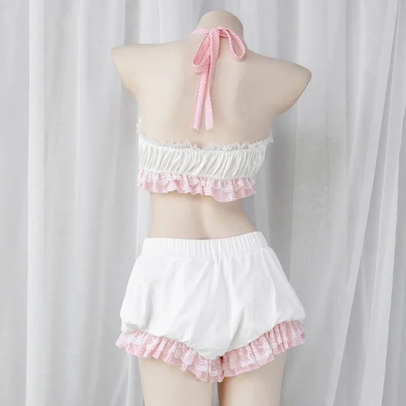 Ribbon ruffle bloomers set in pink & white, cutecore kawaii crop top & shorts for DDLGirl DDLG ABDL playful vibes