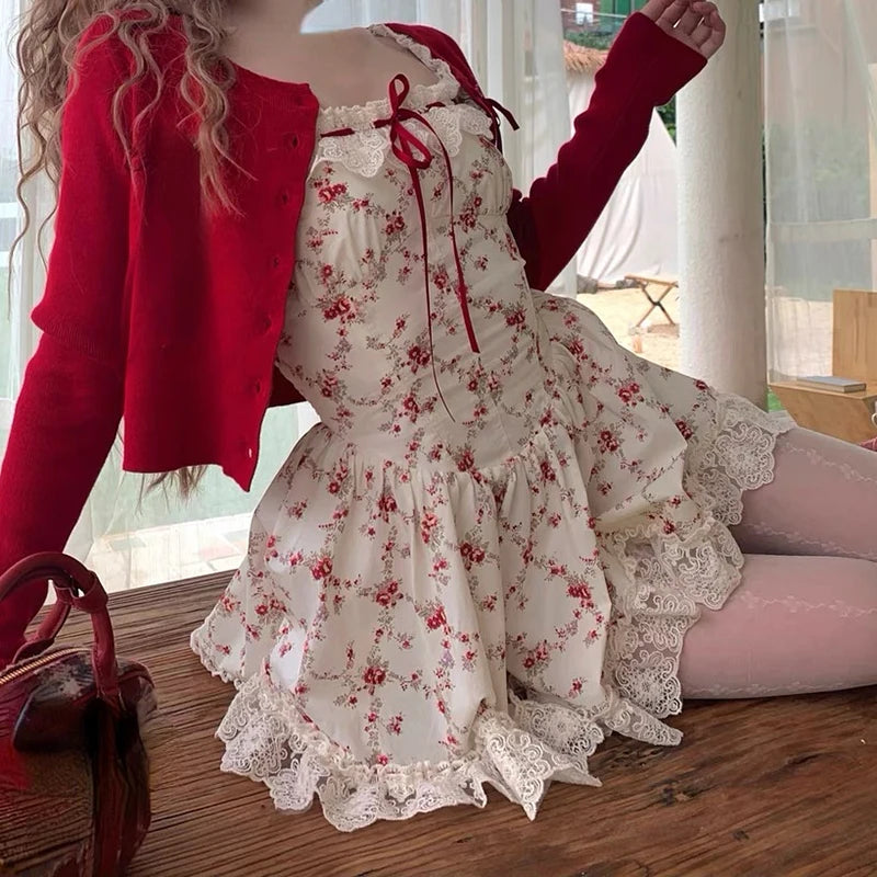 Romantic floral red blossom dress combined with mini cardigan, ideal for sunny picnics and evening outings