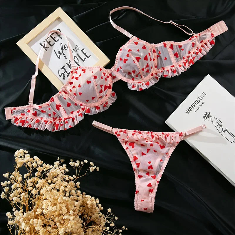 Romantic pink Need Your Love lingerie, ruffle bra and thong set with mini hearts, magical cutecore princess vibes for DDLGirls