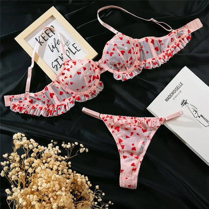 Romantic pink Need Your Love lingerie, ruffle bra and thong set with mini hearts, magical cutecore princess vibes for DDLGirls