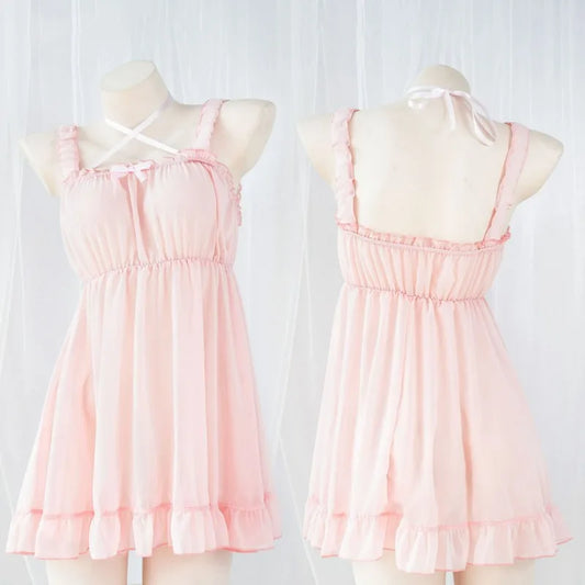 Rose Cream Kawaii Sleep Dress, pastel blush rose and cream, soft cutecore bedtime and lounging outfit