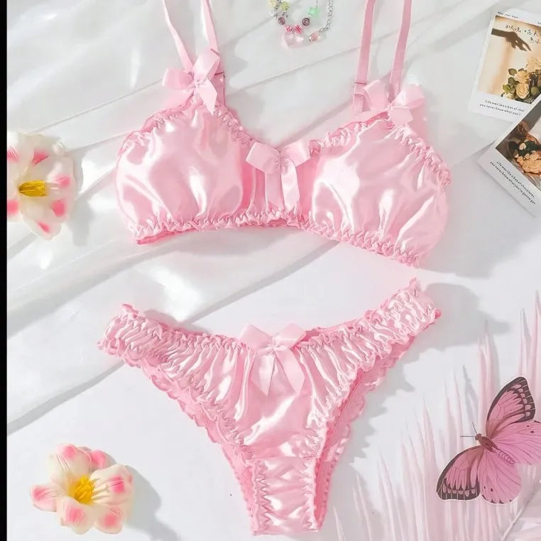 Satin Dream Glow lingerie set in pink, silky bra and thong with ruffles and ribbons for flirty cutecore princess vibes