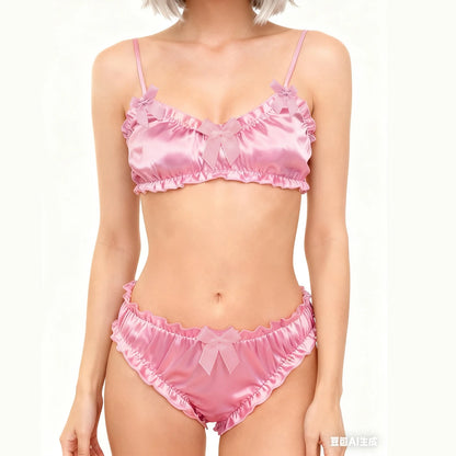 Satin Dream Glow lingerie set, silky bra and thong with ruffles and ribbon trims, dreamy cutecore princess vibes for magical flirty moments