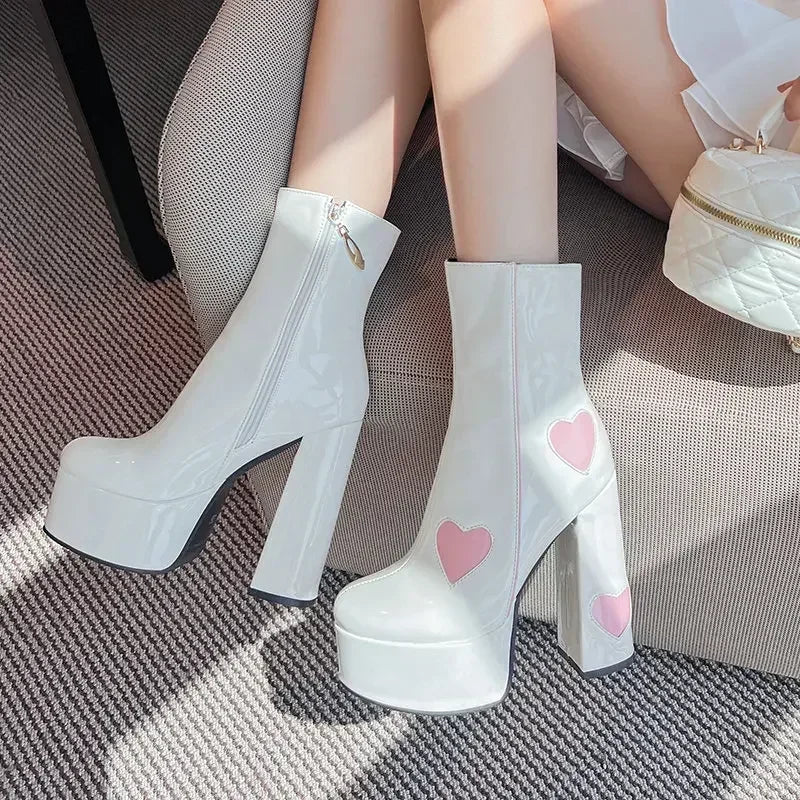White heels with pink hearts from Sculpted Seduction for kawaii DDLG & ABDL romantic fashion