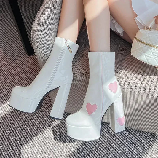 White heels with pink hearts from Sculpted Seduction for kawaii DDLG & ABDL romantic fashion