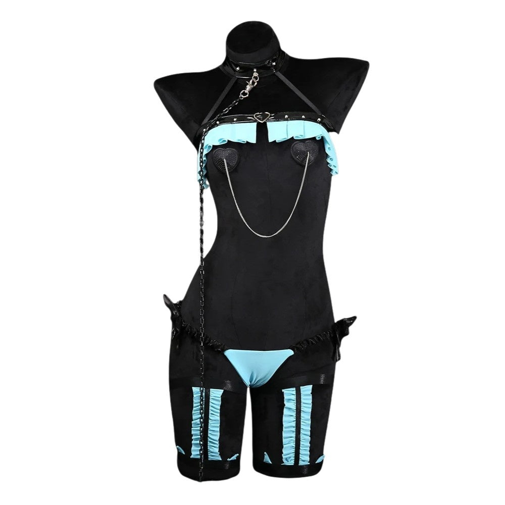 Secret Heart Valentine Lingerie Set in cyan and black, ruffle choker, heart nipple covers, thong and garter