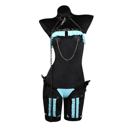 Secret Heart Valentine Lingerie Set in cyan and black, ruffle choker, heart nipple covers, thong and garter