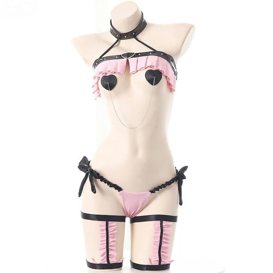 Secret Heart Valentine Lingerie Set in pink and black, includes ruffled choker, heart nipple covers, thong and garter