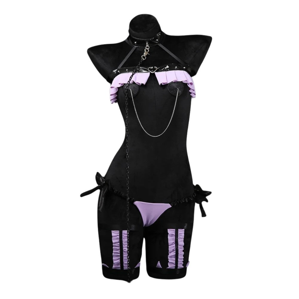 Secret Heart Valentine Lingerie Set in purple and black, flirty cutecore adult set with chains and hearts