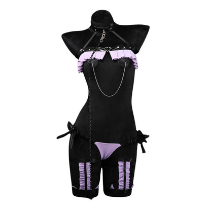 Secret Heart Valentine Lingerie Set in purple and black, flirty cutecore adult set with chains and hearts