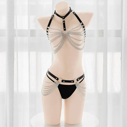 close-up of strappy O-ring details on sexy harness set for fashion-forward lingerie and cutecore styling