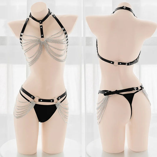 sexy chain harness set with O-rings and strappy details, perfect for bondage, lingerie, and daring play