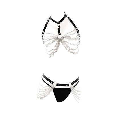 sexy chain harness styled with strappy accents for playful lingerie looks and trendy intimate fashion