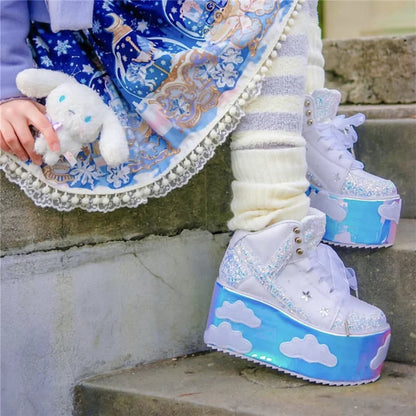 Shimmery white princess platform shoes for ABDL play, kawaii aesthetic, and cutecore outfits