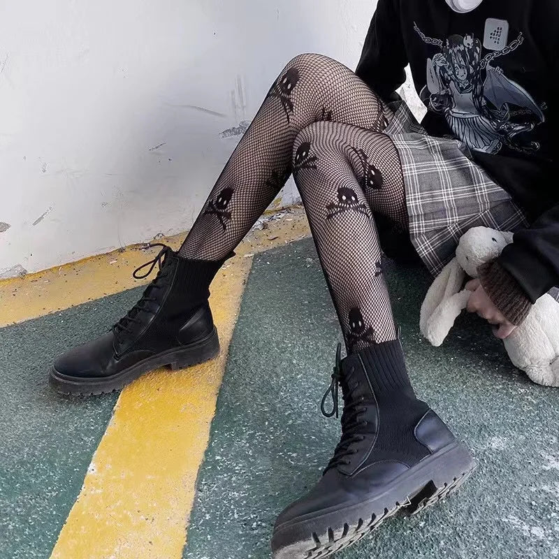 black skull fishnet stockings for goth outfits, edgy cute legwear