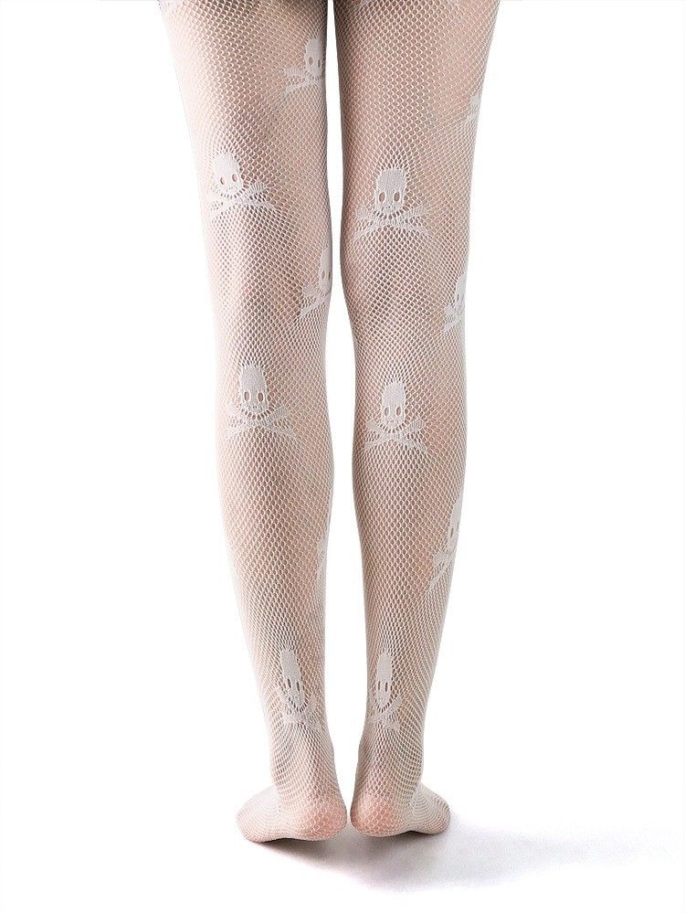 white skull fishnet stockings with innocent spooky aesthetic