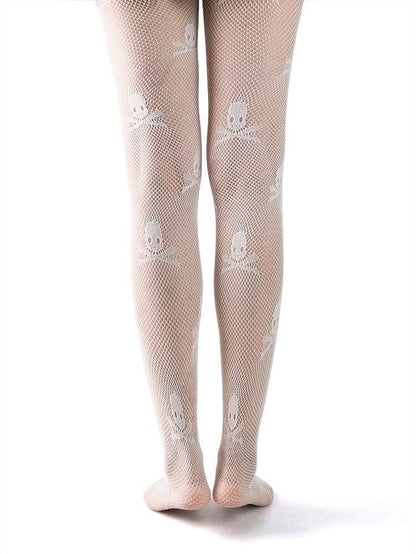white skull fishnet stockings with innocent spooky aesthetic
