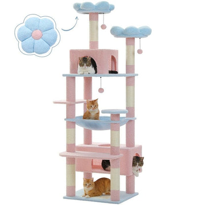 Pastel pink and blue Sky Lounge Cat Tower with sisal scratching posts and cozy perches for indoor cats.