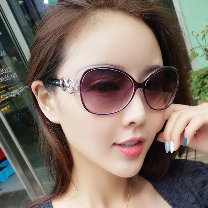 Stylish model rocking Slavic Diva Shades, purple lenses with vintage oval shape for kawaii ABDL queens