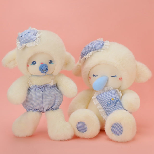Sleepy Baby Lamb ABDL plush displayed together showing pastel blue details