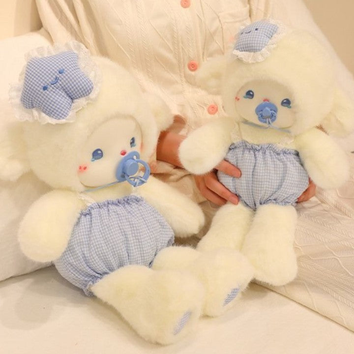 Sleepy Baby Lamb ABDL plush held together in both size variants, DDLG style