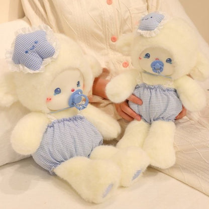 Sleepy Baby Lamb ABDL plush held together in both size variants, DDLG style