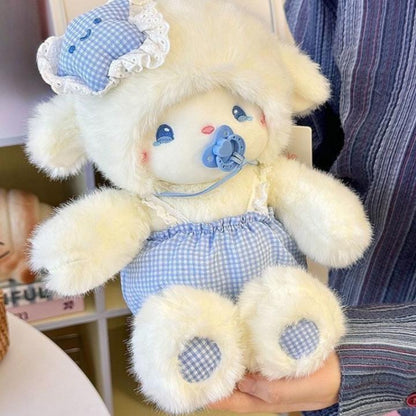 Baby Lamb ABDL plush with pacifier and checkered outfit, DDLG babycore style