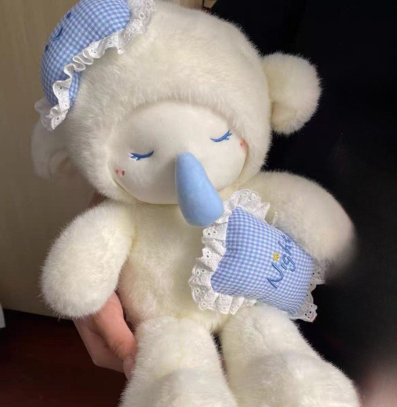 Full body view of Sleepy Baby Lamb ABDL plush with peaceful sleepy expression, DDLG style